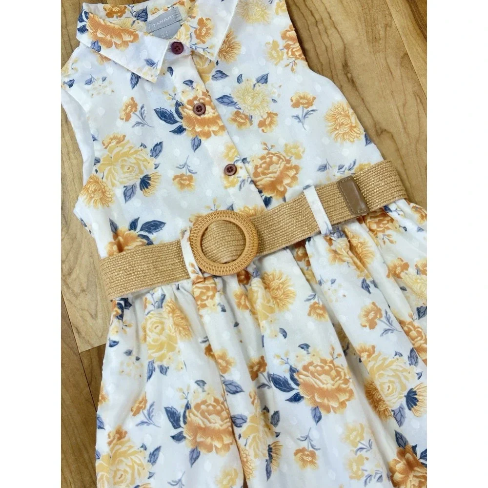Tahari Girls Floral Collared Sleeveless Belted Dress With Headband Size 6